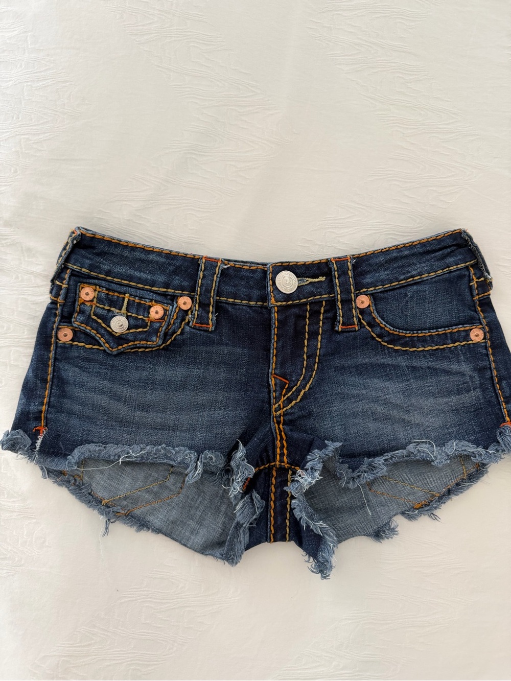 True Religion Dark Blue Denim Frayed Cutoff Shorts NWOT - Picture 2 of 7